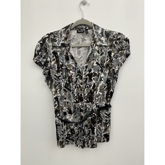 Apt.9 Women’s Blouse Cap Sleeve Collared Petite Large Button Down Belted Geo - Picture 2 of 11